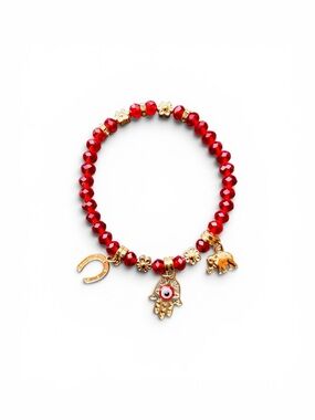 Red Beaded Charm Bracelet with Hamsa and Elephant Charms